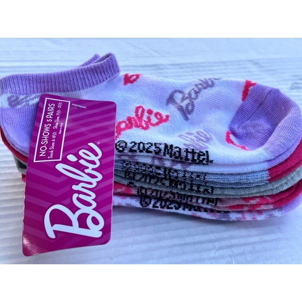 Barbie Girls 5 Pair No Show Socks Pink Purple Mattel NWT Shoe Size 7.5-3.5